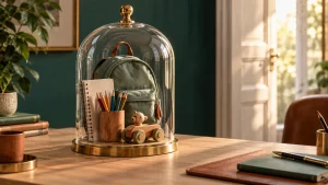 Mochila escolar, caderno, lápis e brinquedo de madeira protegidos por uma redoma.