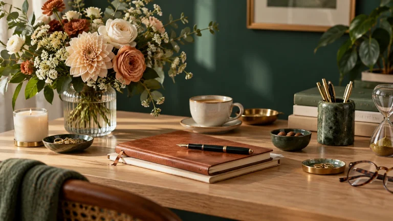 Flores, caderno, caneta e objetos cotidianos organizados em uma mesa elegante.