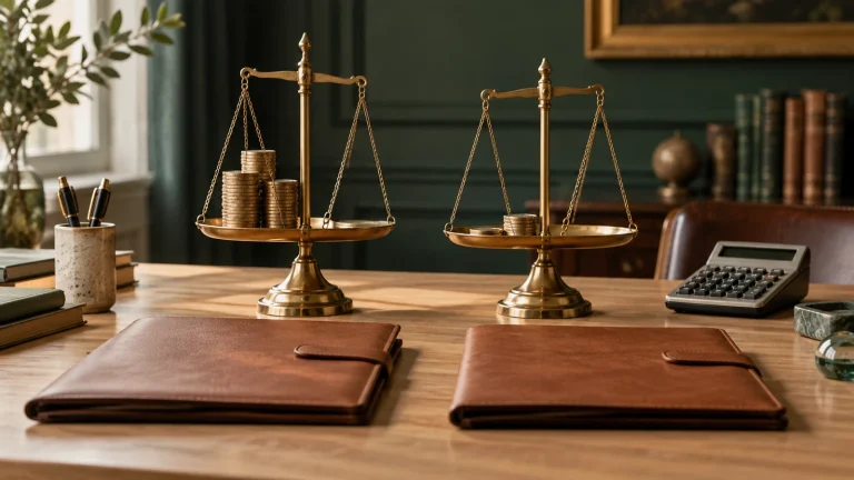 Duas balanças com quantidades desiguais de moedas e pastas profissionais equivalentes.