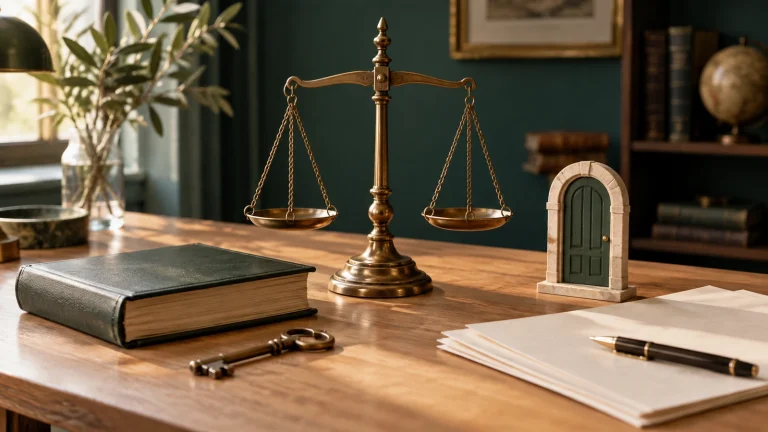 Balança da justiça, chave, livro e porta em miniatura sobre uma mesa.