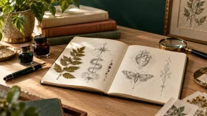 Caderno com desenhos ornamentais, tintas e instrumentos editoriais sobre uma mesa.