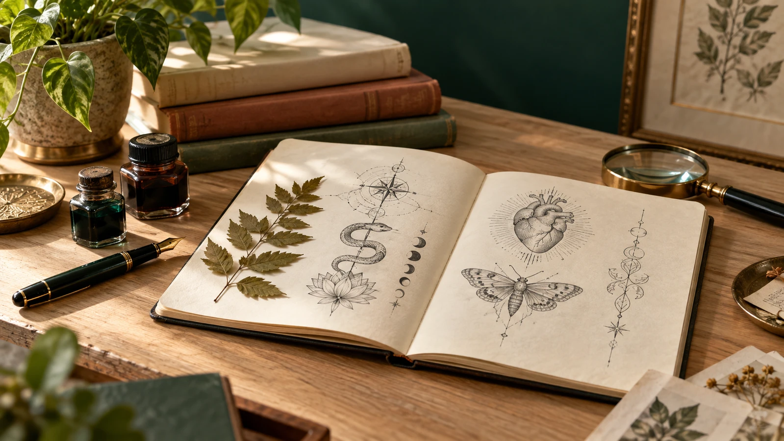 Caderno com desenhos ornamentais, tintas e instrumentos editoriais sobre uma mesa.
