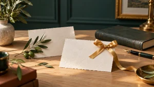 Dois cartões de papel artesanal, ramo de oliveira, laço dourado, livro e caneta.