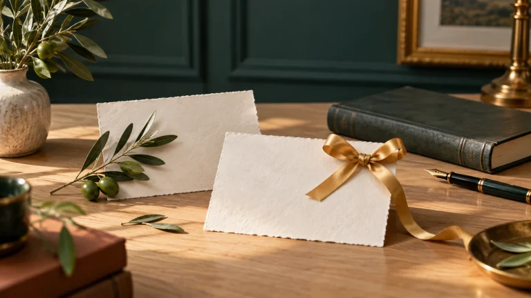 Dois cartões de papel artesanal, ramo de oliveira, laço dourado, livro e caneta.