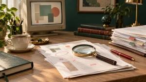 Documentos revisados sob uma lupa ao lado de monitor, livros e caneta vermelha.