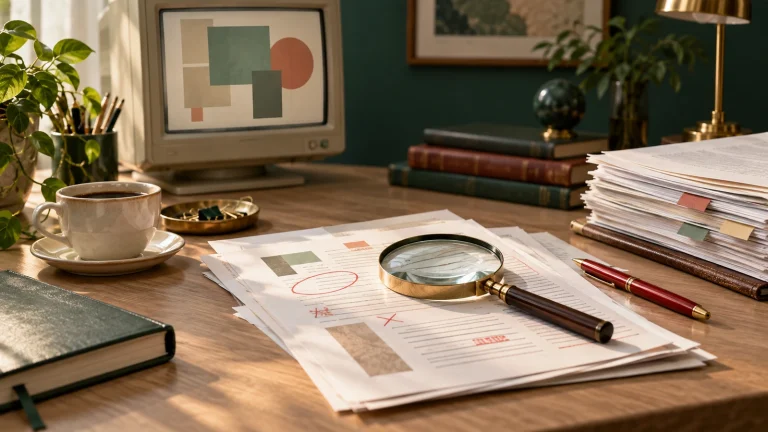 Documentos revisados sob uma lupa ao lado de monitor, livros e caneta vermelha.