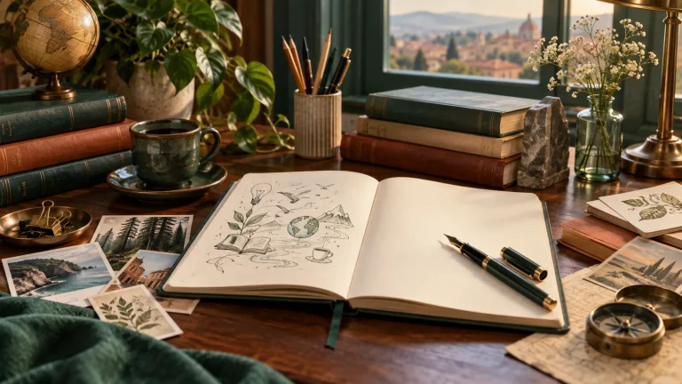 Caderno aberto, livros e objetos criativos representam expressão, pesquisa e liberdade na escrita.