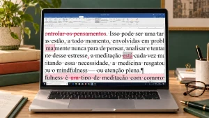 Notebook exibindo um documento com marcações de revisão em uma mesa editorial.