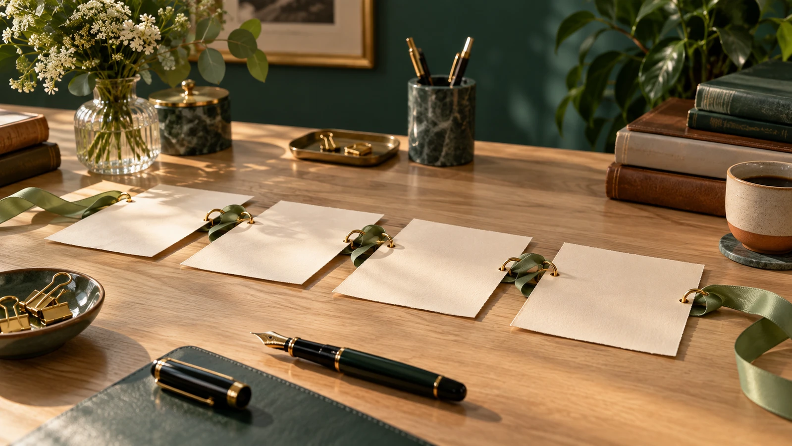 Folhas de papel conectadas por elos dourados e fita verde sobre uma mesa.