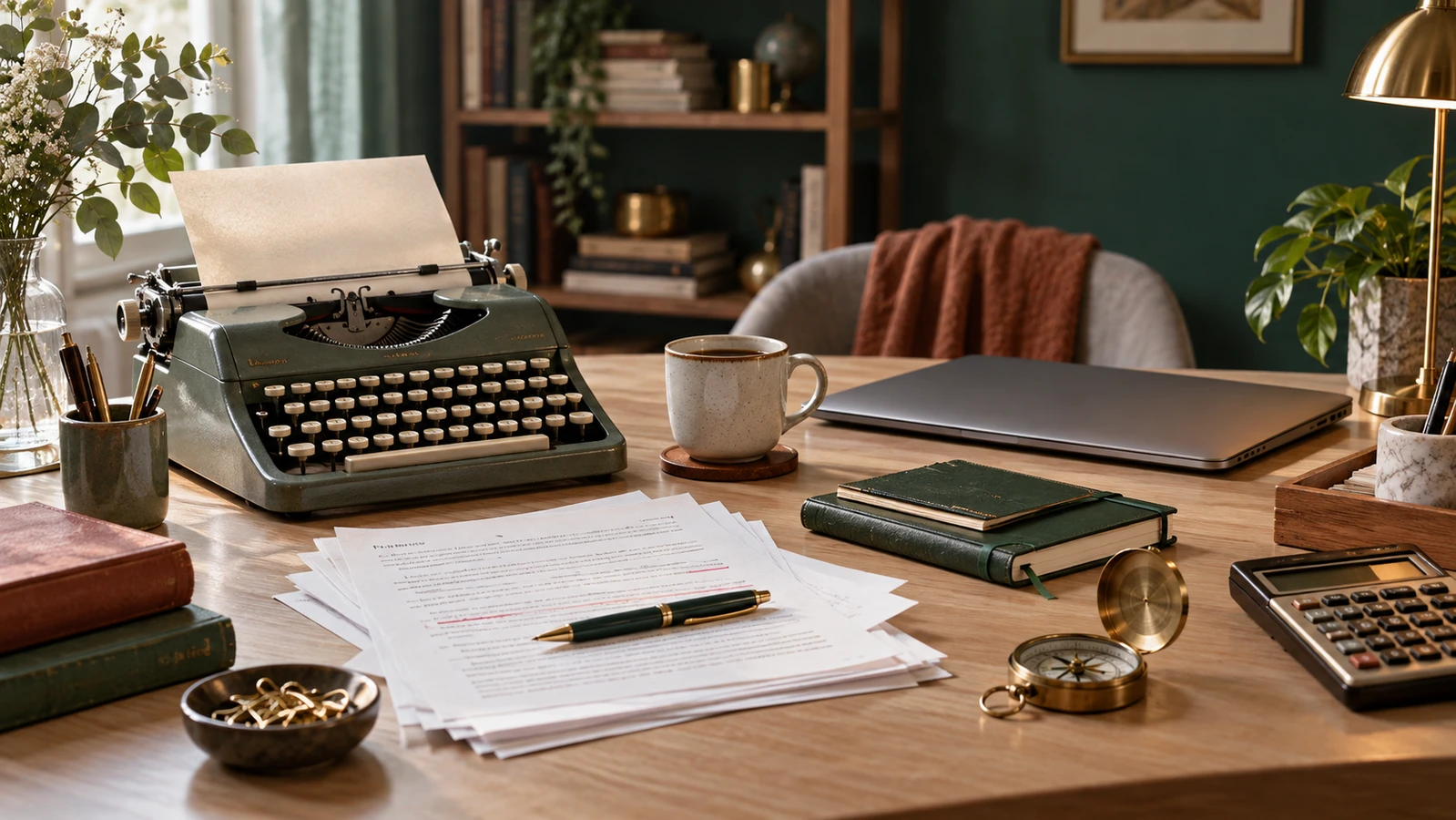 Máquina de escrever, computador, agenda, documentos, calculadora e bússola.
