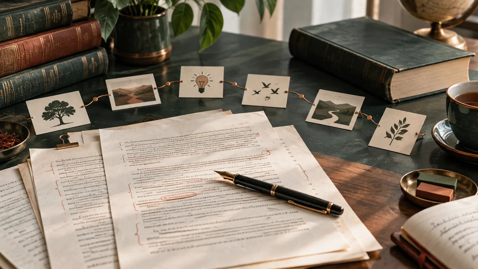 Manuscritos revisados e cartões conectados representam a continuidade entre palavras, ideias e narrativa.