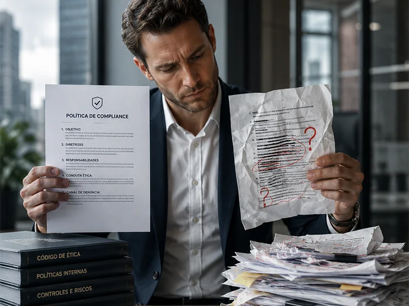 Profissional compara uma política de compliance com um documento que precisa de revisão