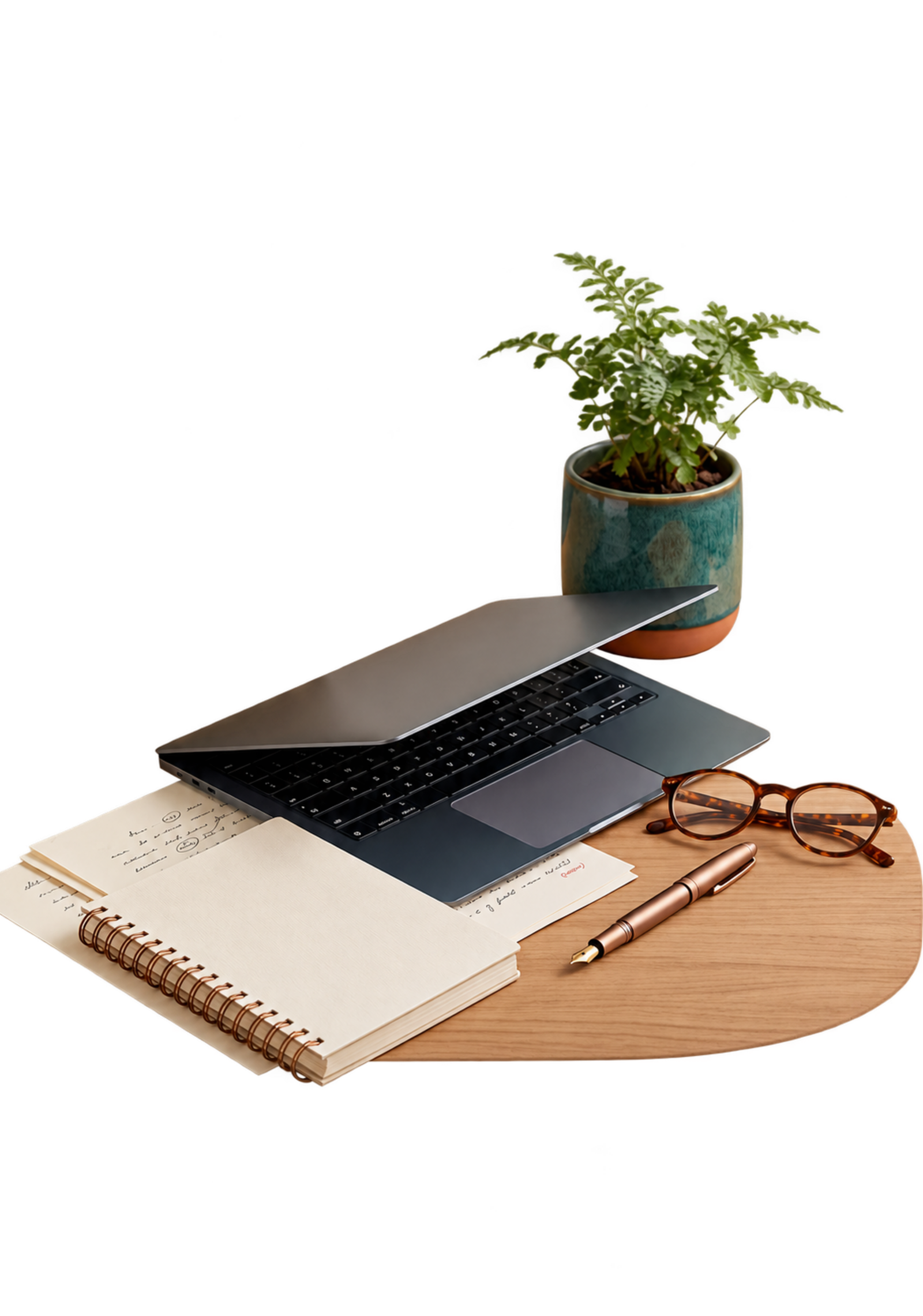 Notebook, caderno, caneta, óculos e planta em ambiente editorial