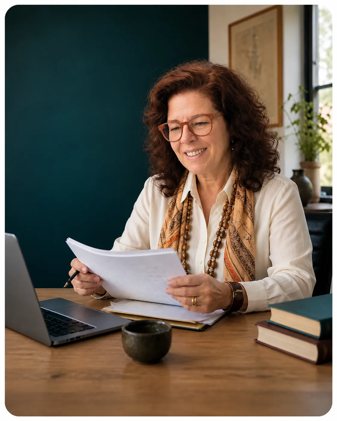 Ana Lúcia Sesso revisando um texto em ambiente editorial