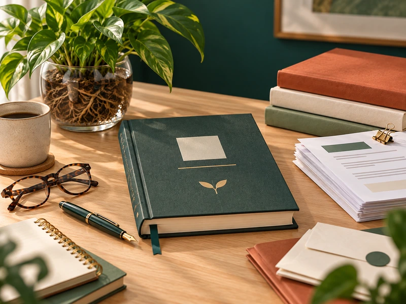 Código institucional junto a documentos e planta com raízes aparentes, representando cultura organizacional.