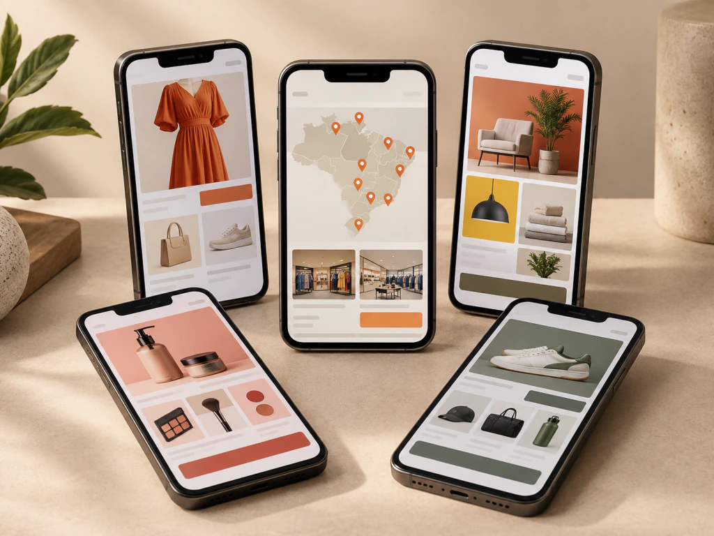 Aparelhos celulares exibindo campanhas publicitárias genéricas distribuídas pelo Brasil.
