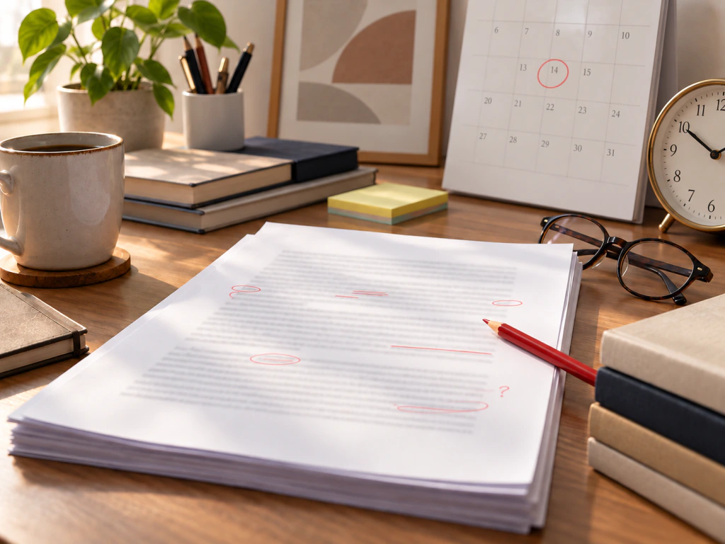 Documentos acadêmicos em revisão ao lado de calendário, relógio, lápis e óculos.