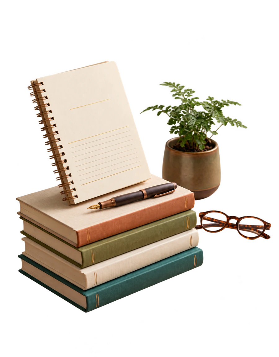 Livros, caderno, caneta, planta e óculos em composição editorial