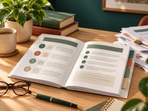 Manual aberto com etapas, seções e checklist apresentados com clareza.