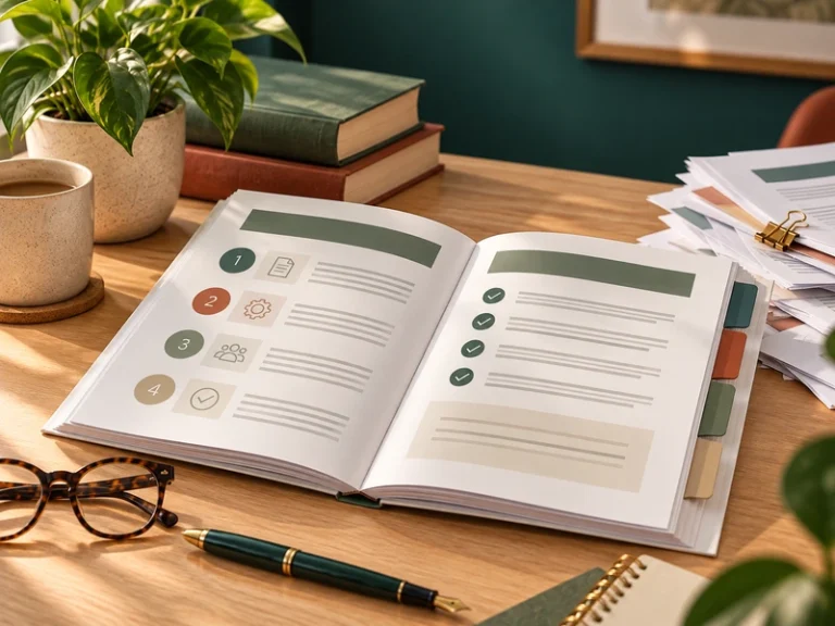 Manual aberto com etapas, seções e checklist apresentados com clareza.