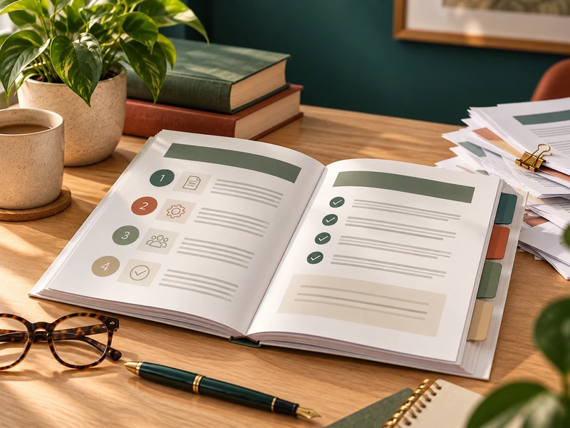 Manual aberto com etapas, seções e checklist apresentados com clareza.
