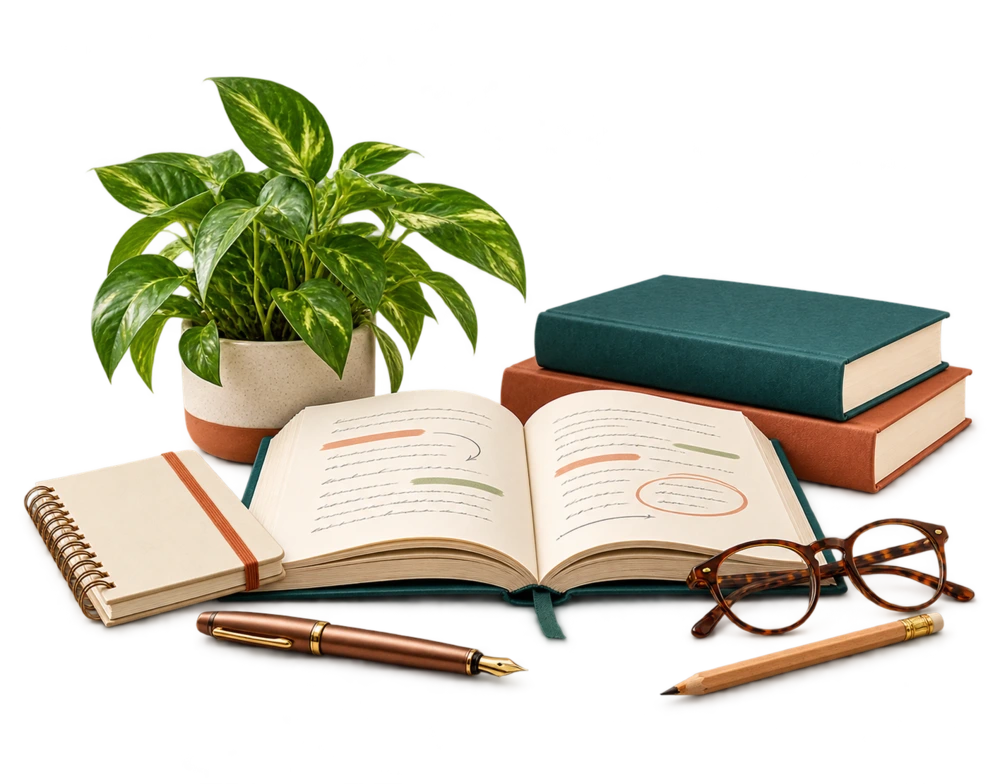 Manuscrito revisado com livros e materiais de escrita