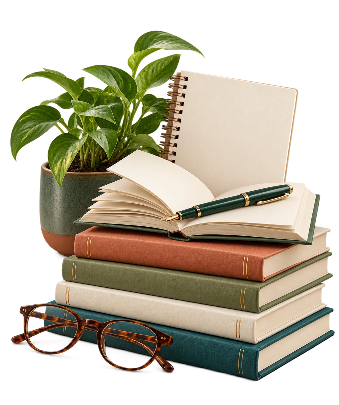 Livros, caderno, caneta, óculos e planta em composição editorial