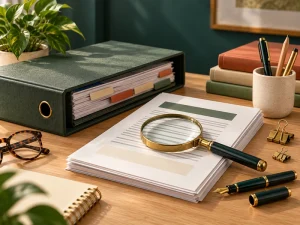 Pasta institucional e documento sob lupa, representando investimento em revisão e prevenção.