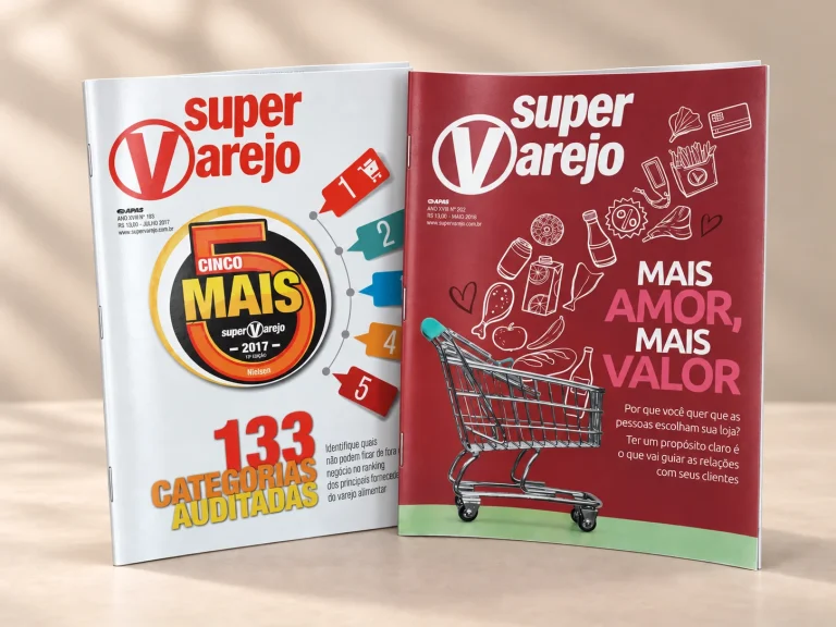 Mockup de duas revistas Super Varejo com acabamento fino e flexível.